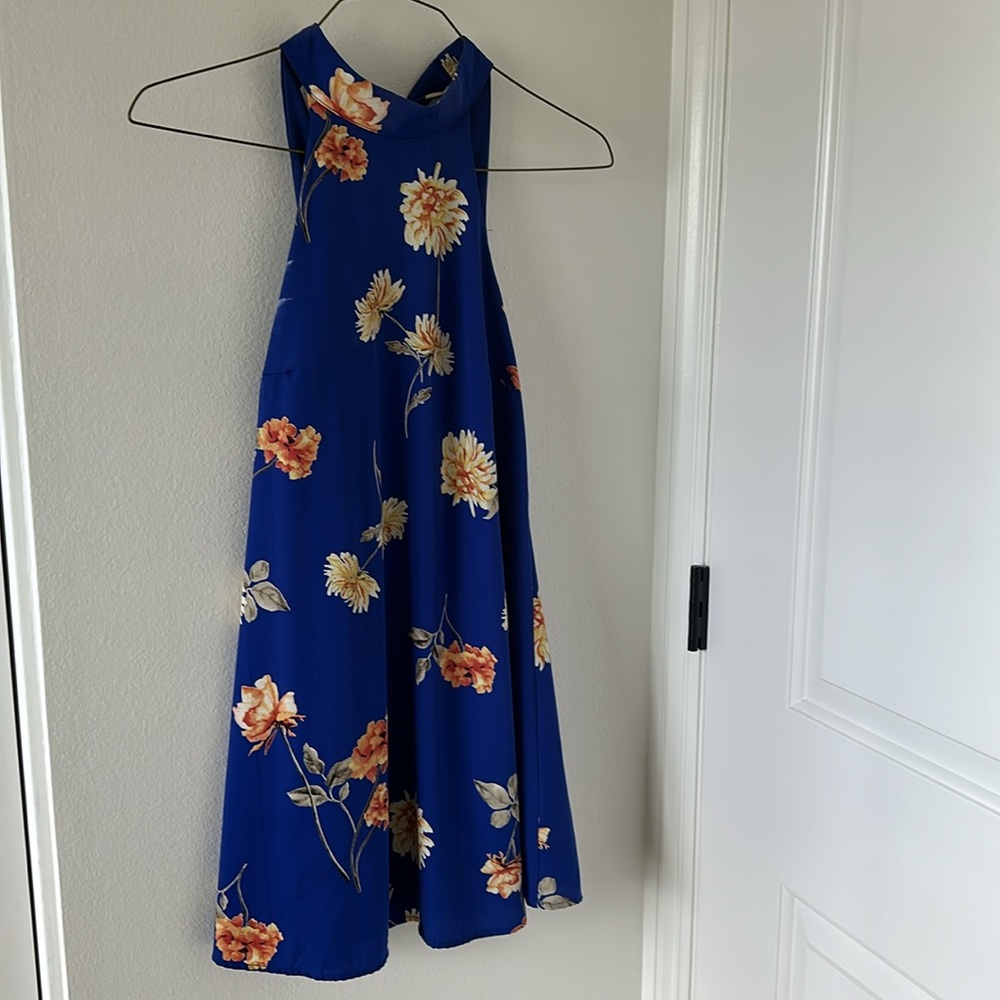 Blue Floral High Neck Mini Dress